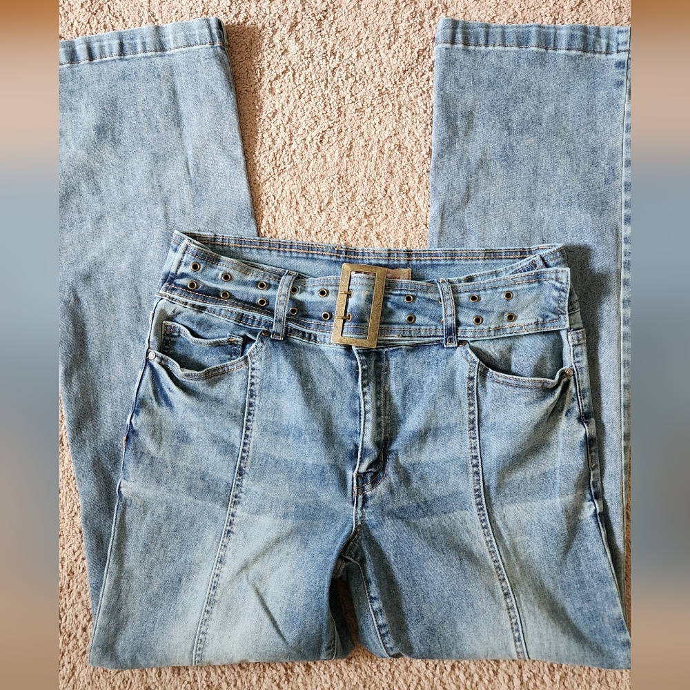 Y2K chunky belted stretch flare jeans center seam vintage denim juniors 11